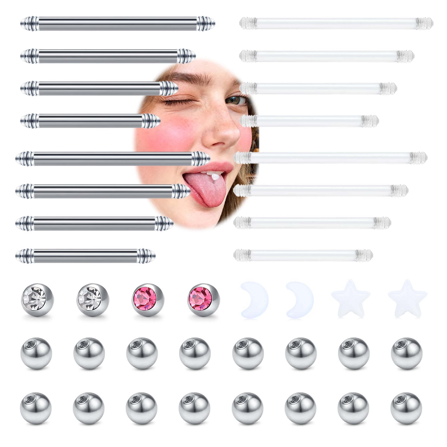 VFUN 40 Stück 14G Nippelpiercing Zungenpiercing Edelstahl Straight Barbells Piercing Schmuck Kurz Lang Stab Silber Gold Brückenpiercing Für Frauen Männer 12 Mm 14 Mm 16 Mm 18 Mm Länge