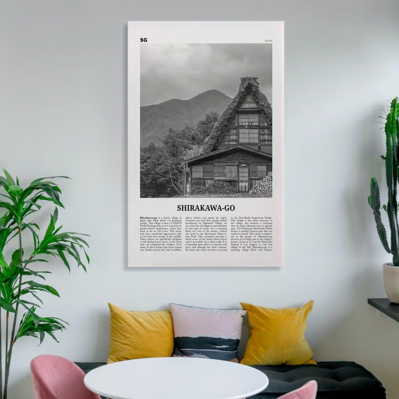 Shirakawa-go Imprimir Blanco y Negro, Shirakawa-go Arte de la Pared, Cartel de Shirakawa-go, Foto de Shirakawa-go decoración de Shirakawa-go Mapa de Shirakawa-go Japón Lienzo WA