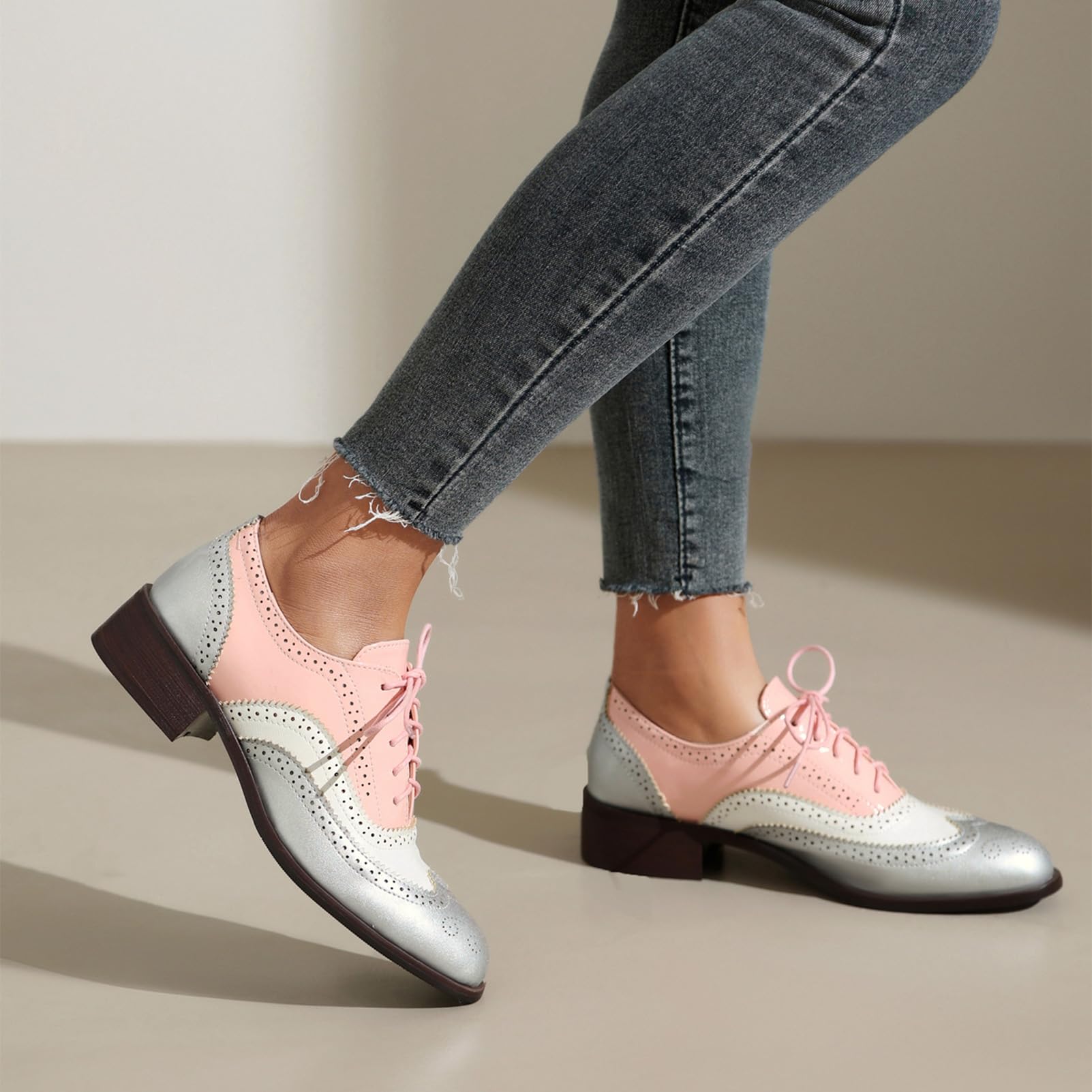 ANUFER Mujeres Color de Contraste Tacón de Bloque Wingtip Brogues Caña Baja Oxfords Zapatos de Salón