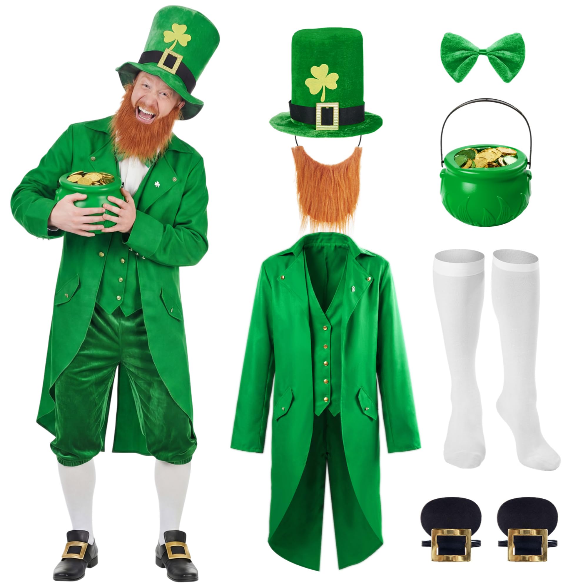 Shihanee 9 Pcs St. Patrick's Day Leprechaun Costume Outfit Men Suit Hat Beard Bow Tie Brooch Socks Shoes Buckle Pot 100 Coins, Green, Gold, Black, 4 XL
