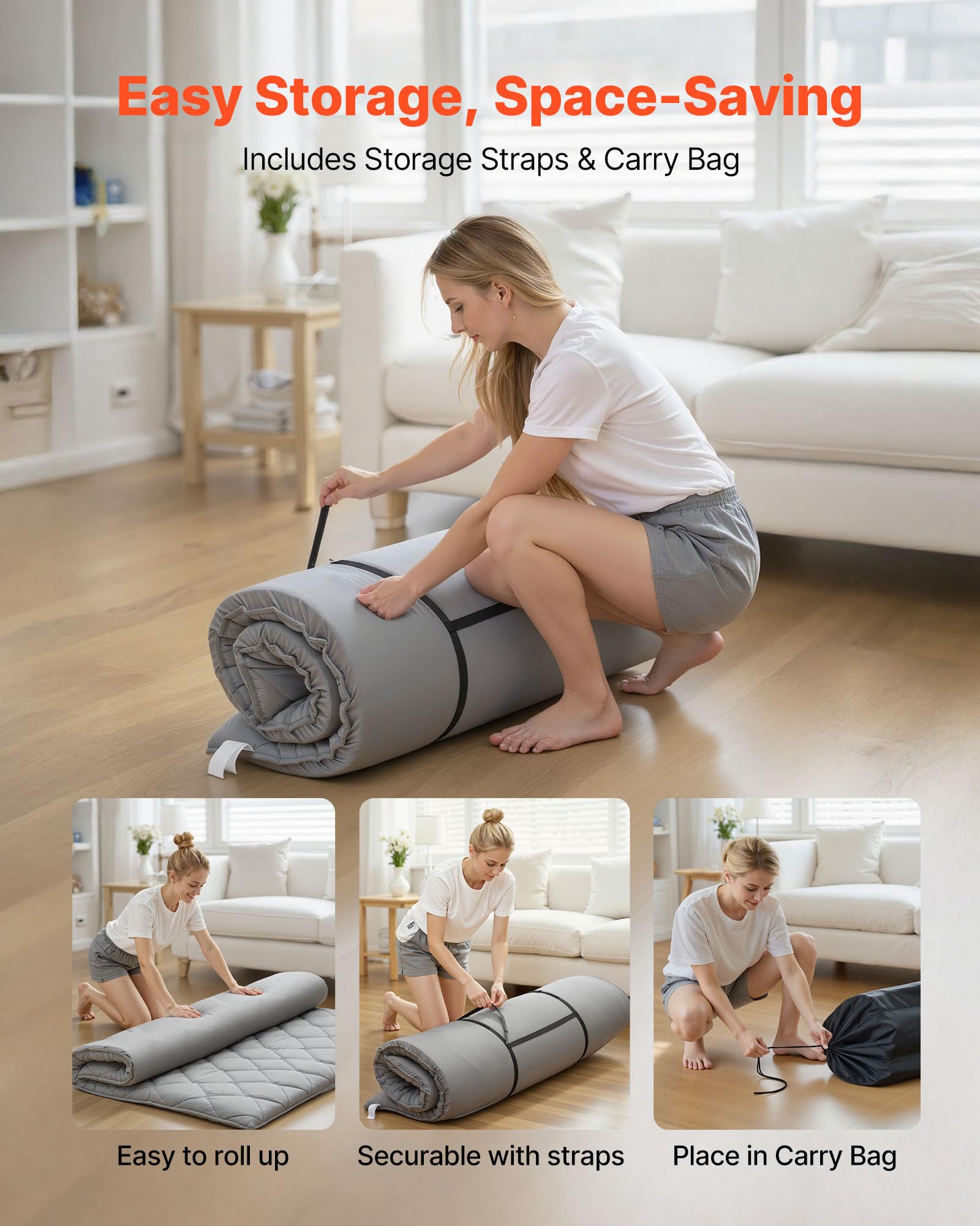 VEVOR Tappeto tatami giapponese materasso futon pieghevole con borsa portaoggetti e fissaggio, tappetino a 9 strati per dormire, dormitorio, meditazione, yoga