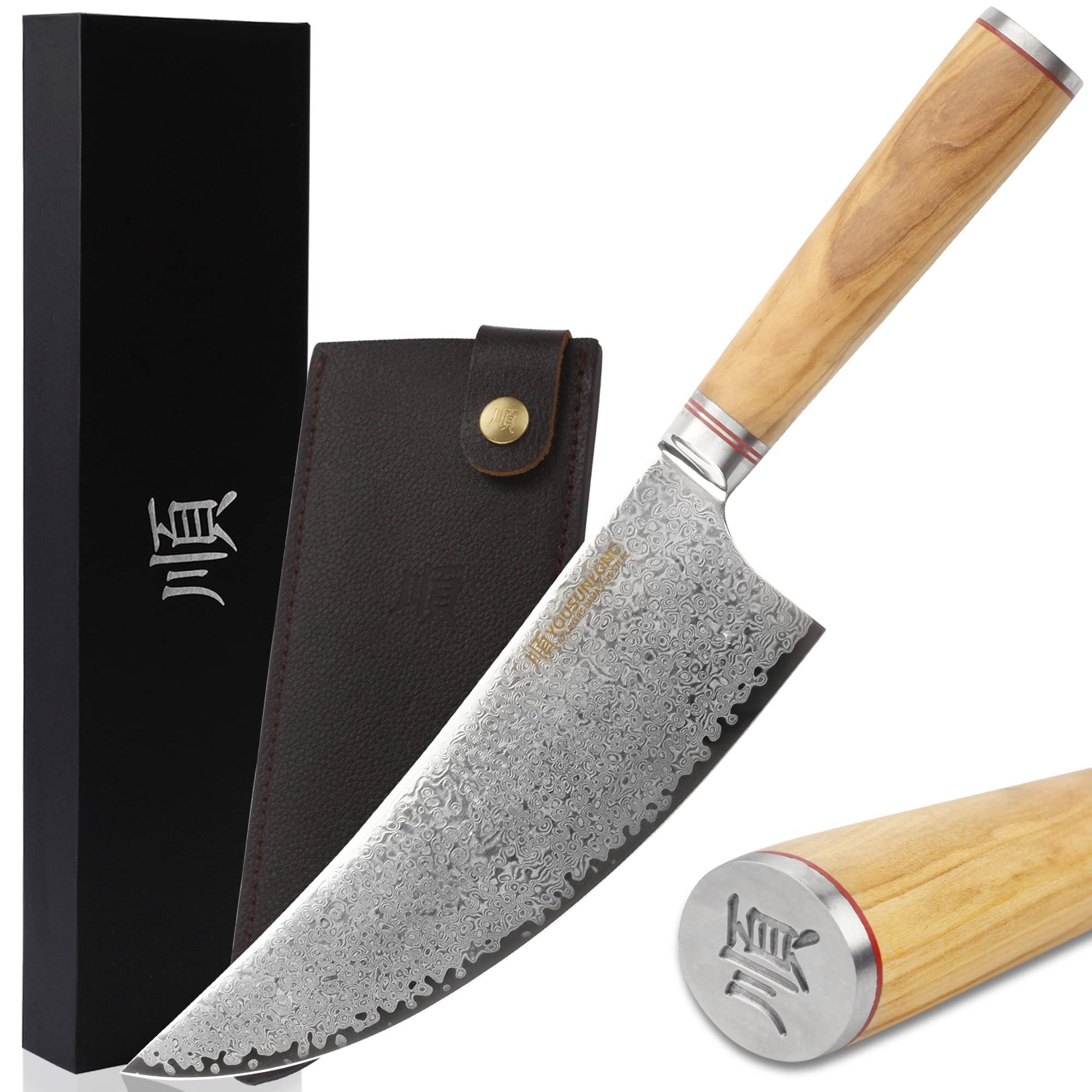 YOUSUNLONG Couteau à couperet de boucher 8'' Couperet à viande - Couteau de boucher en acier à haute teneur en carbone Damas - Manche en bois d'olivier italien avec gaine en cuir - Couteaux de cuisine