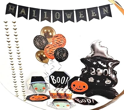 RSAAUD 39Pcs Halloween Themed Party Decoration Combo, Halloween Celebration Products Halloween Party Favors Boo Self Standing Balloon Latex Balloon,Banner, Paper Plate Glass & Straw, Bat Hanging