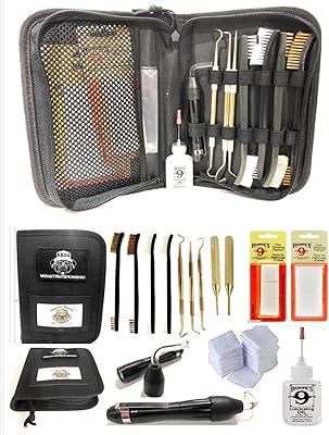 Tac Book Handgun Cleaning Kit Essentials & Accessories for All Calibers 22 38 357 9mm 40 45 Cal, Gun Oil Needle Oiler Pistol Cleaner Brass Brush Pick & Punch Set & Bore Light