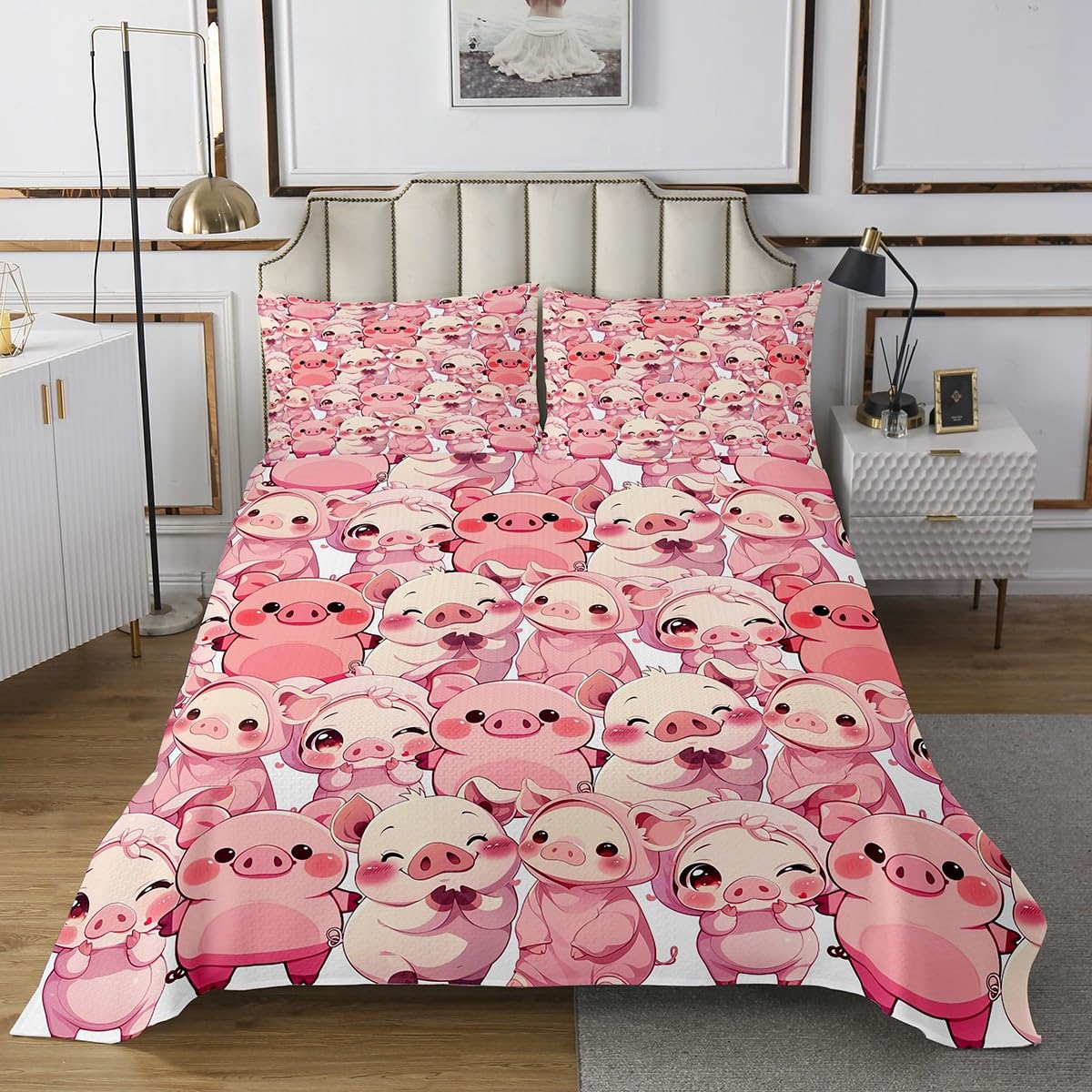 Homewish Lovely Pigs Bedding Set,Cartoon Cute Pink Pig Bedspread for Kids Girls Teens,Watercolor Kawaii Animals Patchwork Coverlet Set with 2 Pillowcases,Queen Size 3 Pcs
