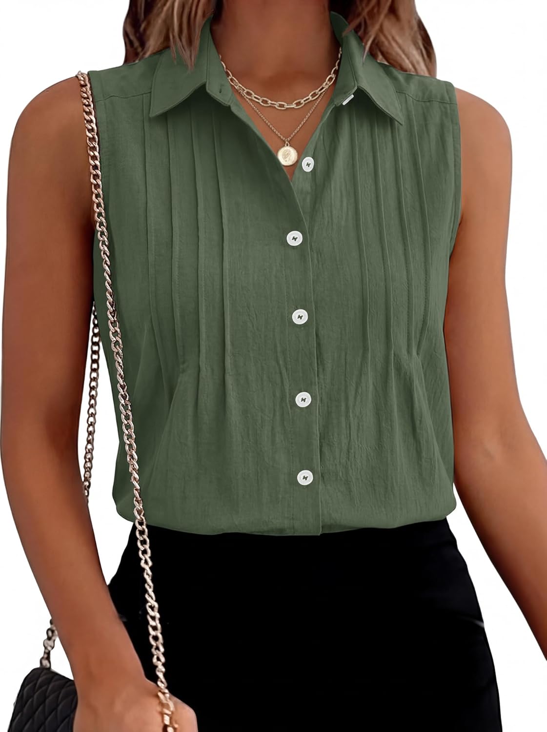 LOMON Women’s Summer Sleeveless Button Down Shirt Office Collared Blouses with Pleated Front Casual Basic Tank Tops - Image 2