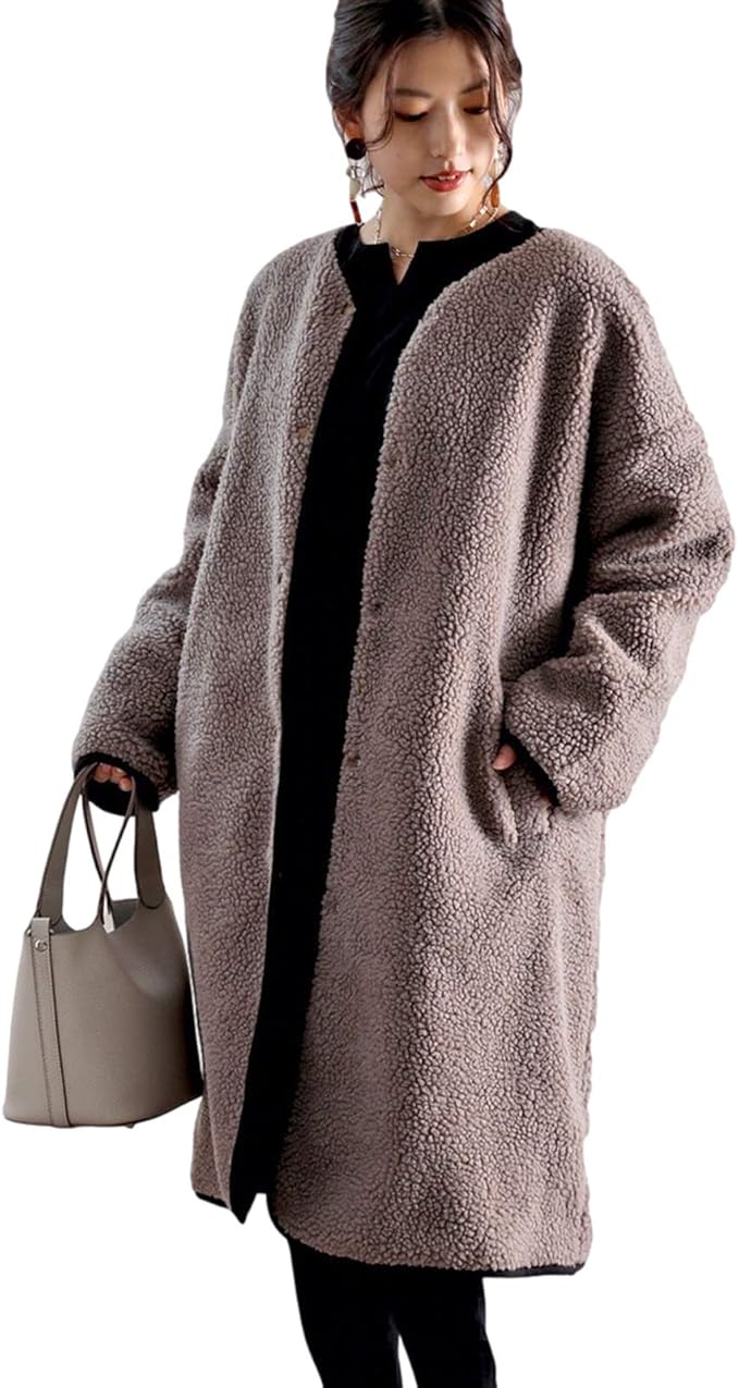 Amazon ボアロングコート レディース リバーシブル ボアブルゾン ノーカラー ボアジャケット ボアアウター キルティング もこもこ 防寒 大人 ゆったり 大きめ 体型カバー モカ コート ジャケット 通販