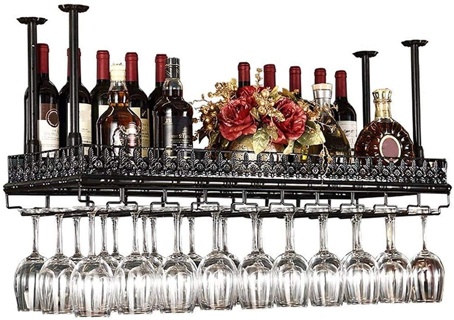 Casier à vin suspendu en métal 60x35cm avec support pour verres à pied noir