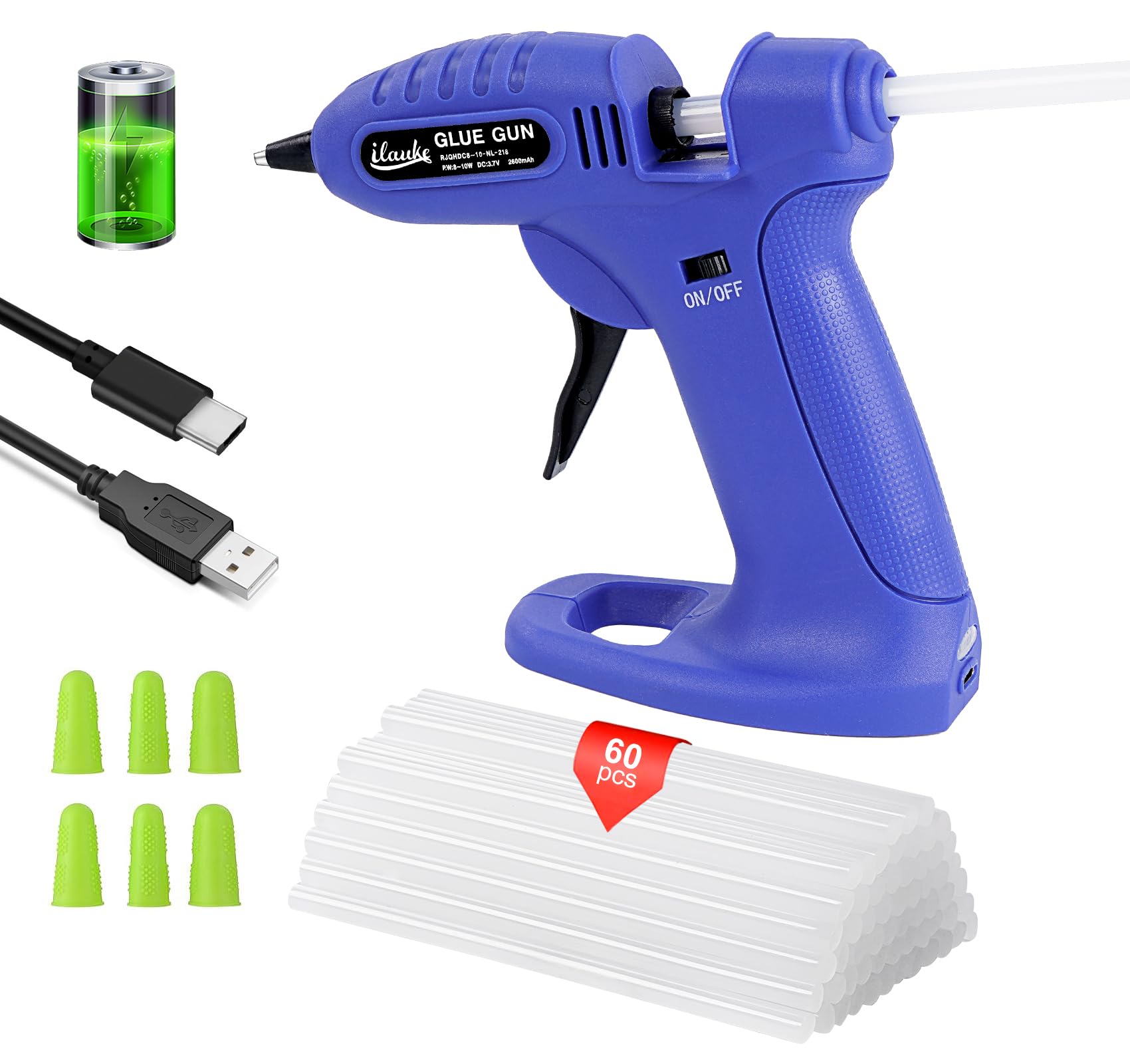 ilaukeHot Glue Gun for Crafting, Cordless Hot Glue Gun with 60Pcs Sticks & Finger Caps, 2600mAh Battery with Type-C Charging Cable, Mini Glue Gun for DIY Craft Home Repairs, Heat Up Quickly