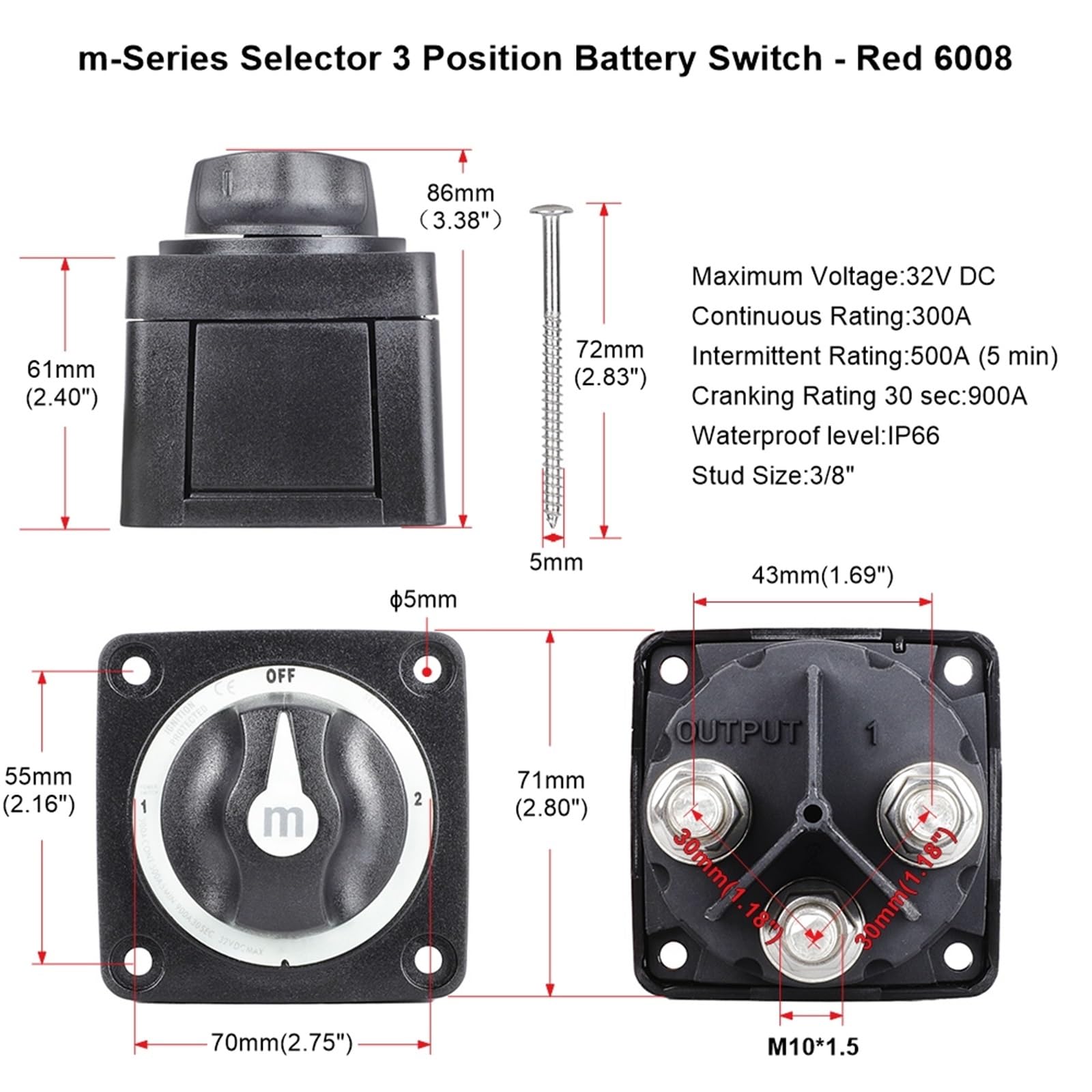Interruptor M10 Stud 300A 32V Aislador Desconectar Giratorio | 3 Position