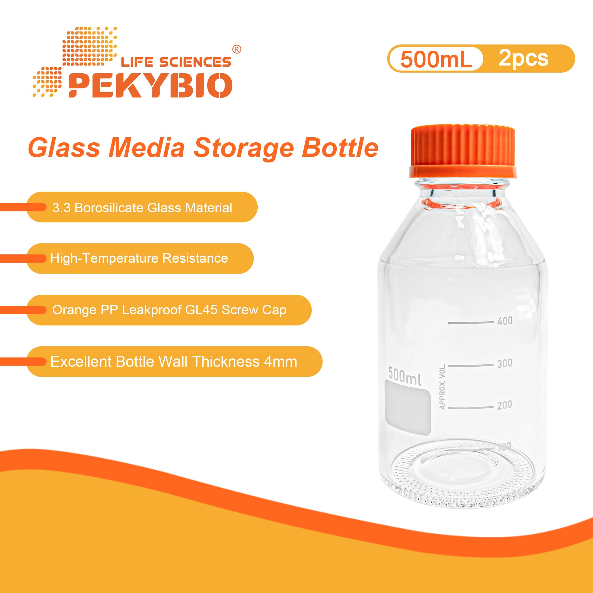 PEKYBIO Botellas redondas de vidrio de 500 ml, botellas de almacenamiento 3.3 de vidrio de borosilicato con tapón de rosca PP GL45 (paquete de 2)