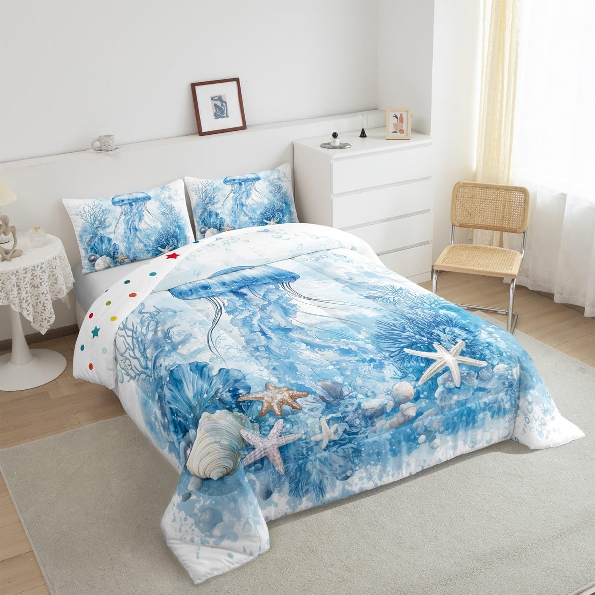 Feelyou Kids Blue Ocean Theme Jellyfish Comforter Set,Underwater World Jellyfish Bedding Set Queen Size,Ocean Beach Comforter,Jellyfish Coral Bed Set for Boys Girls