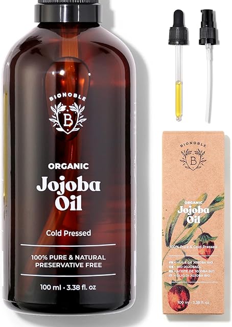 Bionoble Organic Jojoba Oil 100ml - 100% Pure, Natural and Cold Pressed - Face, Body, Hair, Beard, Nails - Vegan and Cruelty Free - Glass Bottle + Pipette + Pump