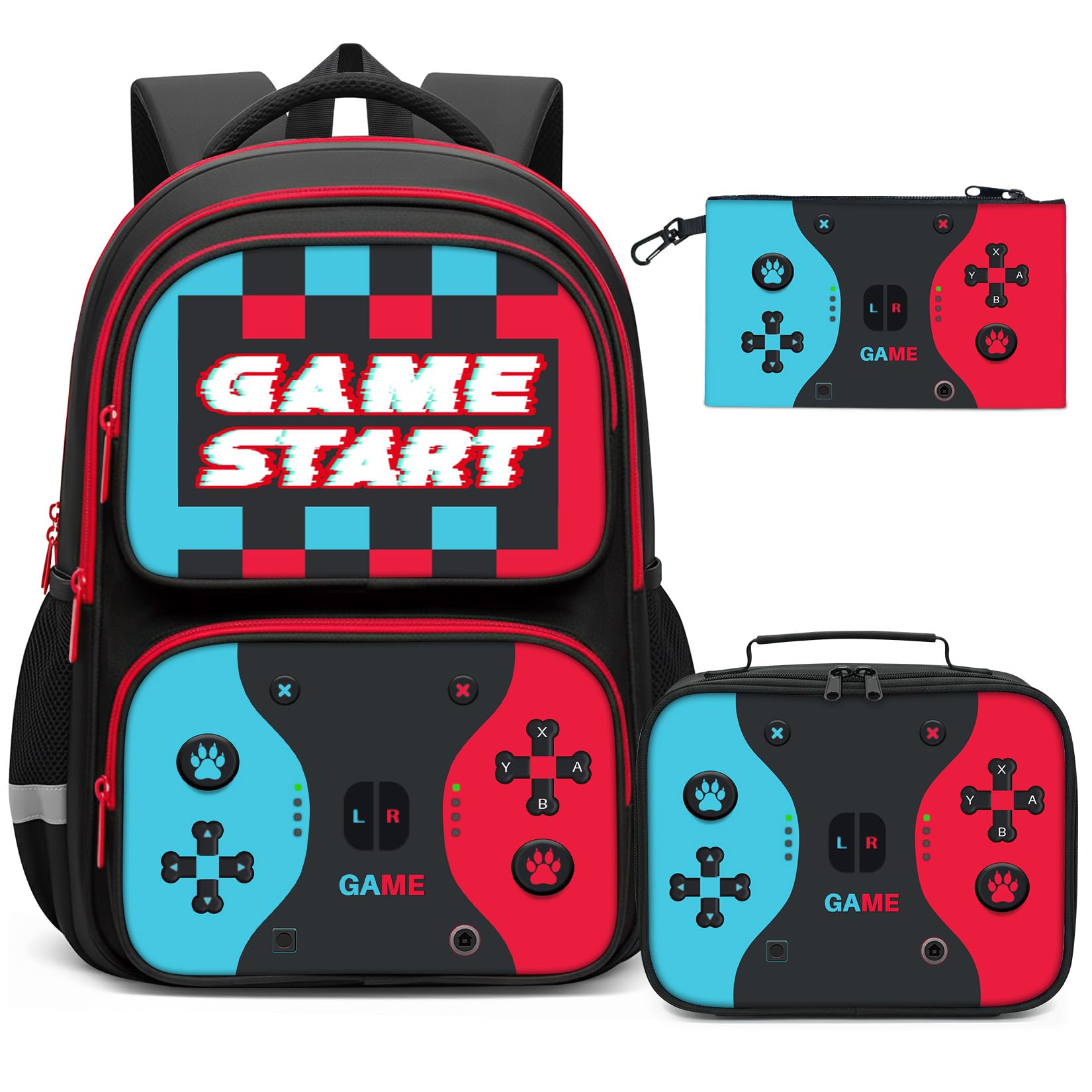 3pcs Gamer Backpack Set for Teen Boys - 17 Inch Lightweight Water-Resistant Bookbag with Insulated Lunch Box Zipper