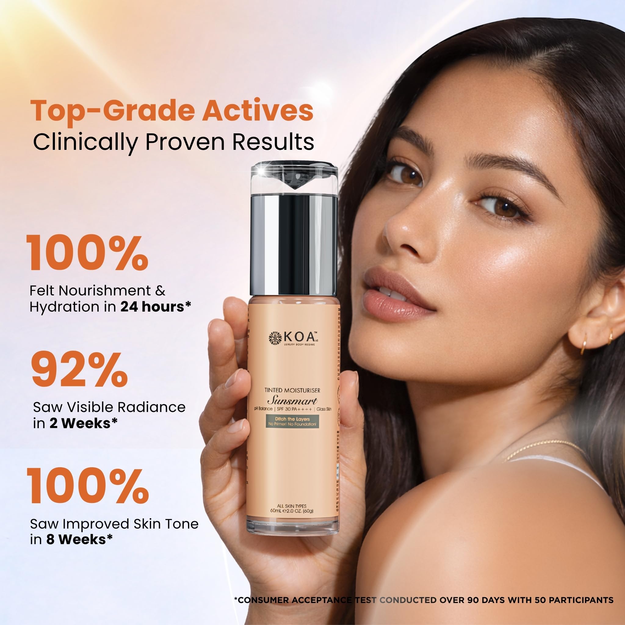 KOA Luxury Sunsmart Tinted Moisturiser | pH Balance | Sunscreen SPF 30 PA++++ | Glass Skin | Skin Brightening | No White Cast | Lightweight | Proven Consumer Test Results | For All Skin Types | For Both Women & Men | 60mL 2