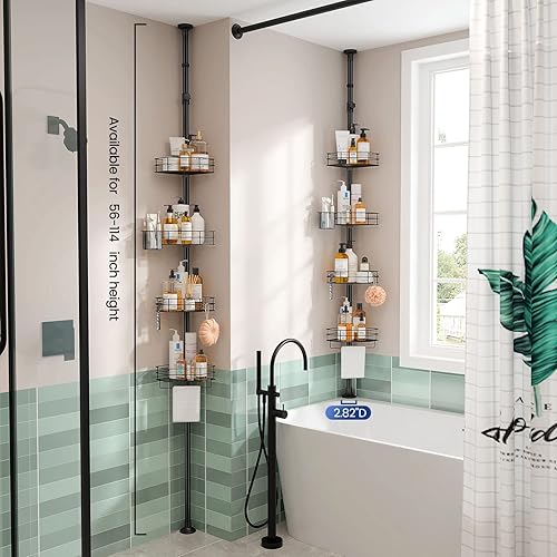 Miniatura 2 de SEIRIONE Organizador de ducha esquinero a prueba de óxido, 4 cestas grandes para almacenamiento de accesorios de baño, poste de tensión que se