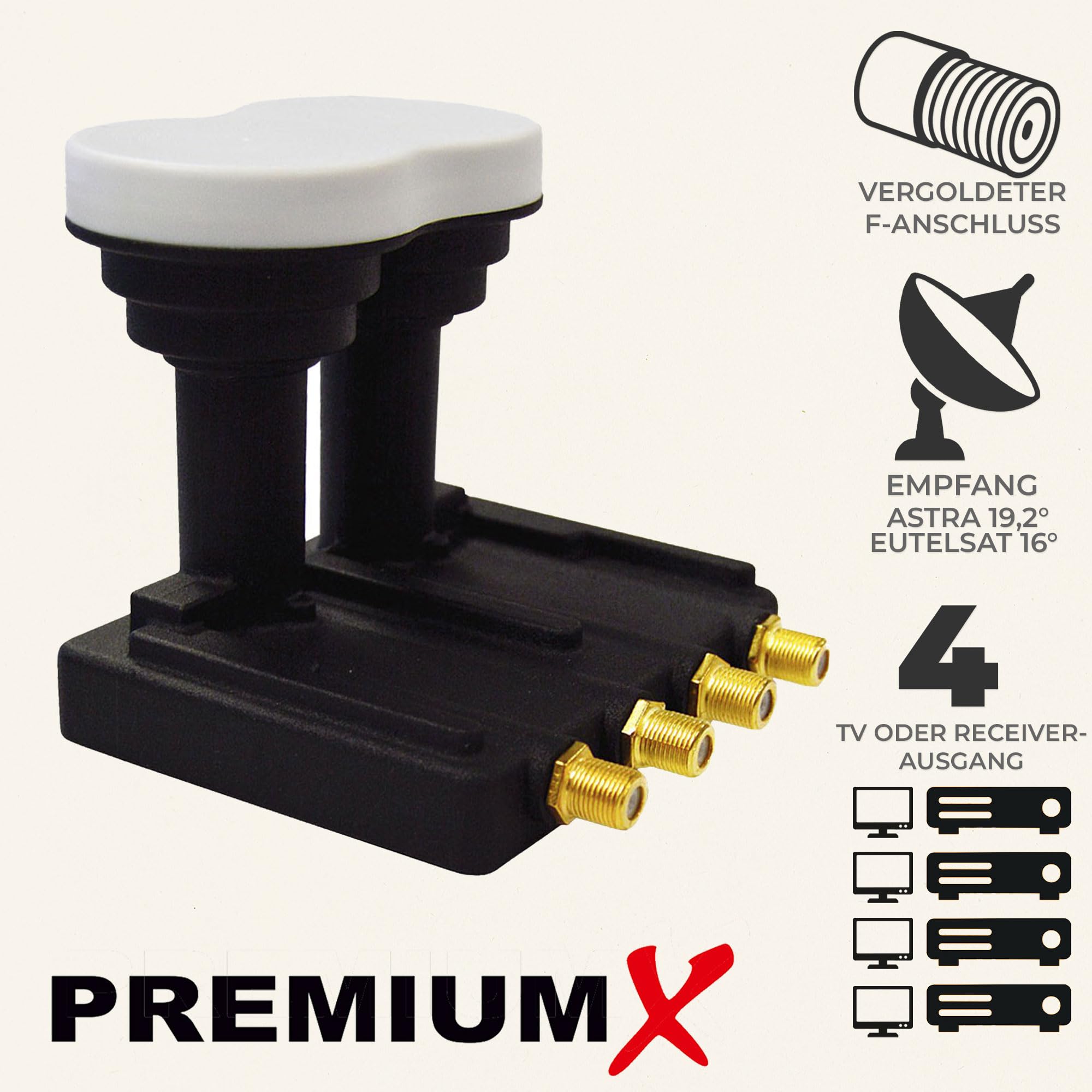 PremiumX Monobloc lnb Quad 3 ° pxmb3q 0,1 DB Astra 19,2 eutelsat 16 HDTV fullhd ultrahd 4k 3D Capable de 4 participants