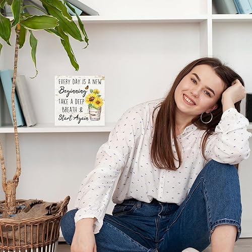 Miniatura 7 de Every Day Is A New Beginning Letrero divertido de verano inspirador de girasoles para decoración de escritorio, caja de madera, escritorio retro de