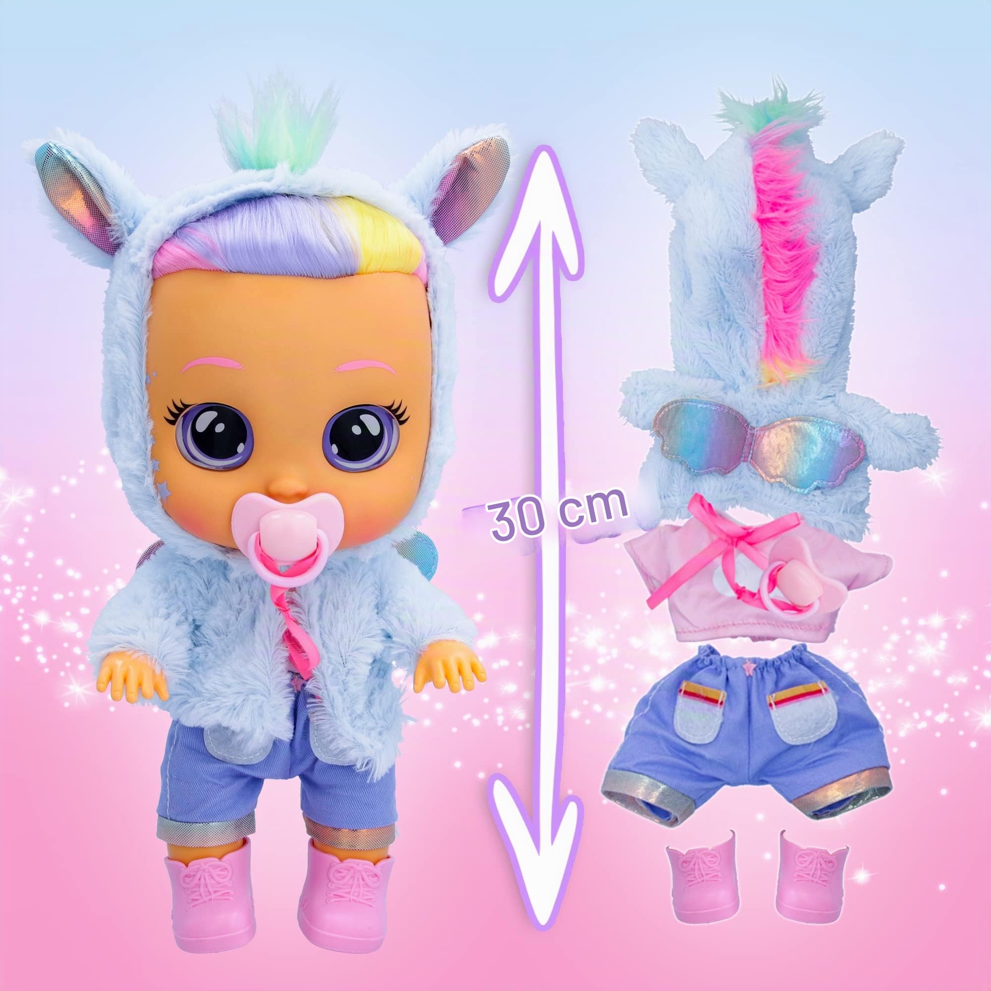 CRY BABIES Dressy Fantasy Jenna, Interaktive Puppe, die echte Kullertränen weint. Mit Haaren zum Stylen, wechselbarer Kleidung und Accessoires – Spielzeug und Geschenk für Kinder