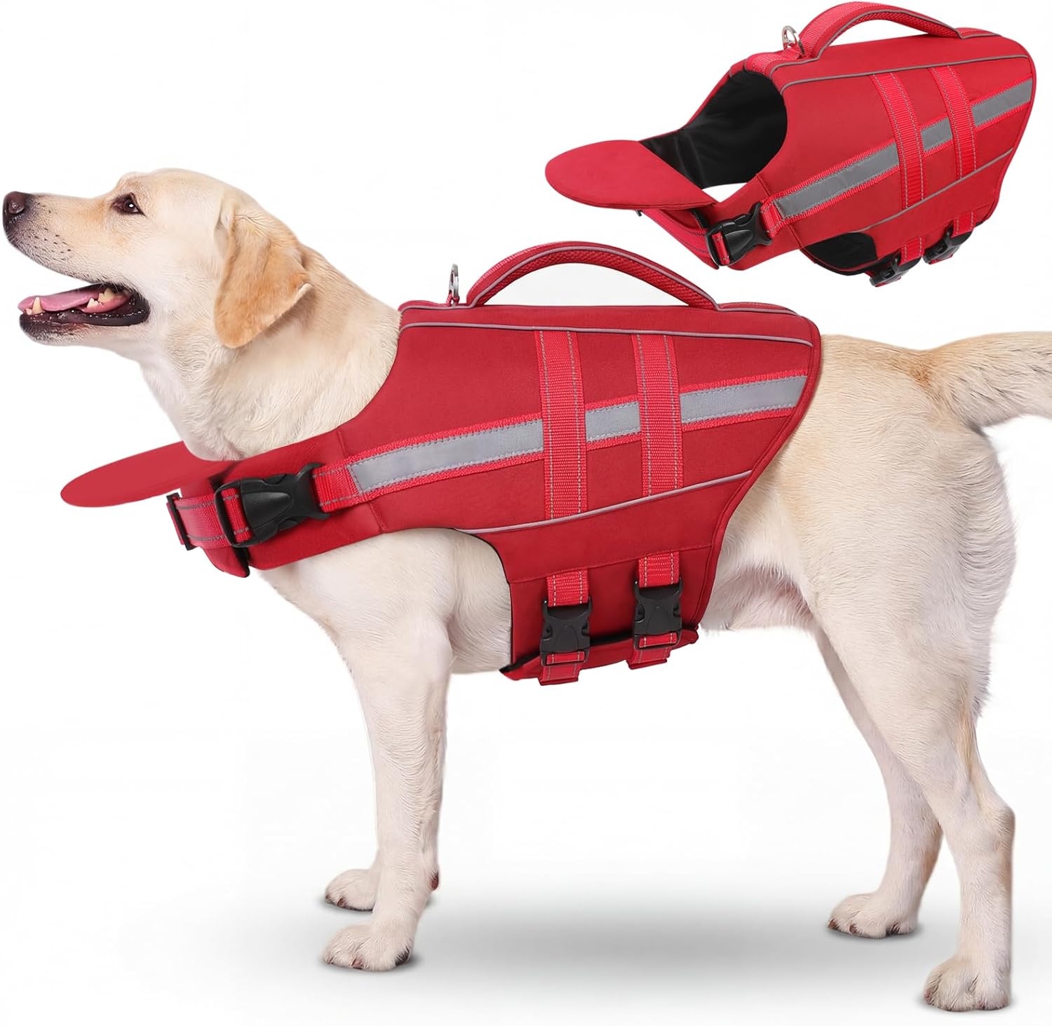 Dog Life Jacket Dog Life Vest for Swimming Boating with Detachable Front Chin Float High Buoyancy Pool Lifesaver Adjustable Reflective Ripstop Pet Preserver with Rescue Handle(Red, XL)