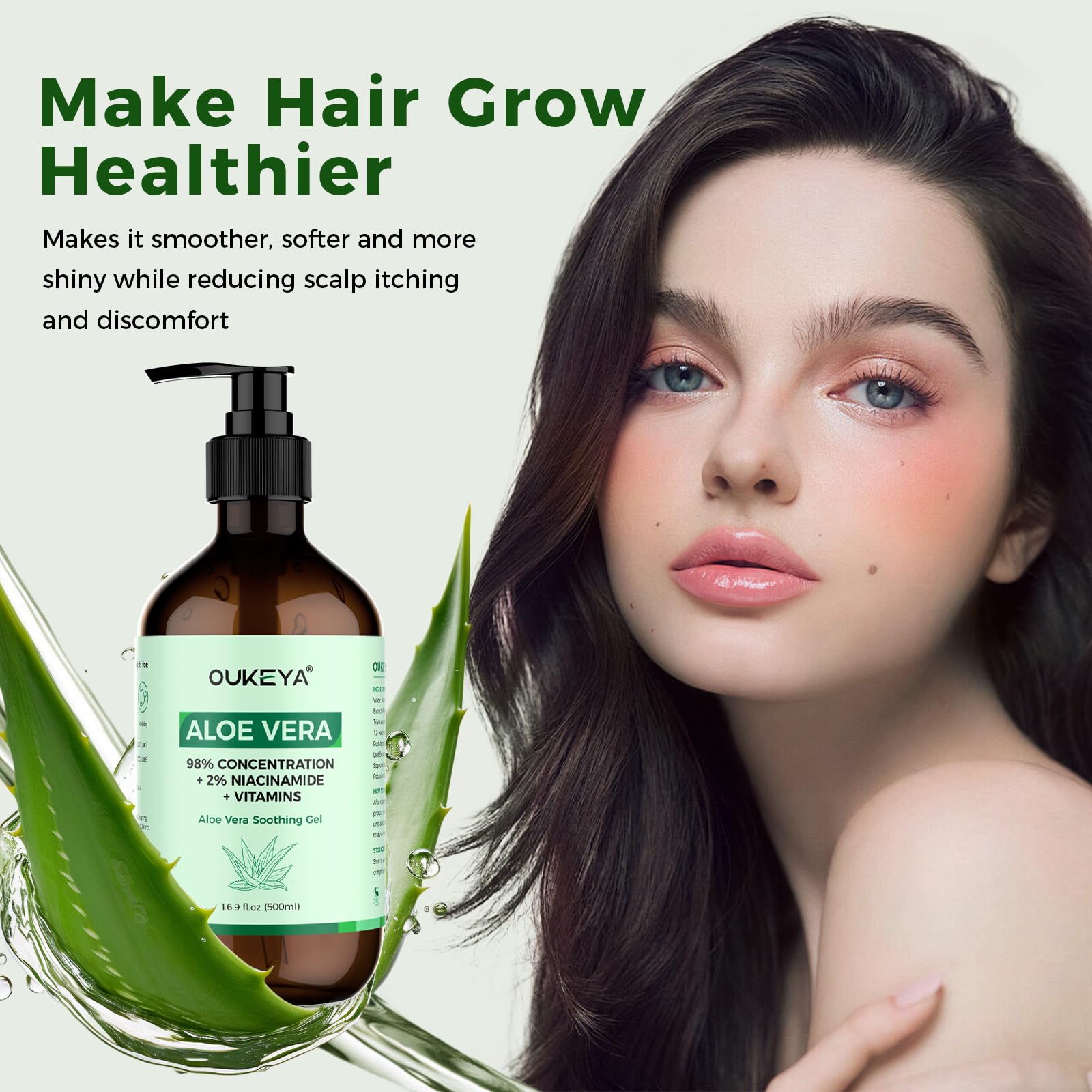 OUKEYA Aloe Vera Puro Gel 500ml + 2% Niacinamida, Para Cara, Cuerpo y Cabello, Para Quemaduras Solares, Rojeces y Piel Seca, Calma, Refuerza La Barrera Cutánea y Dermatológicamente Testado