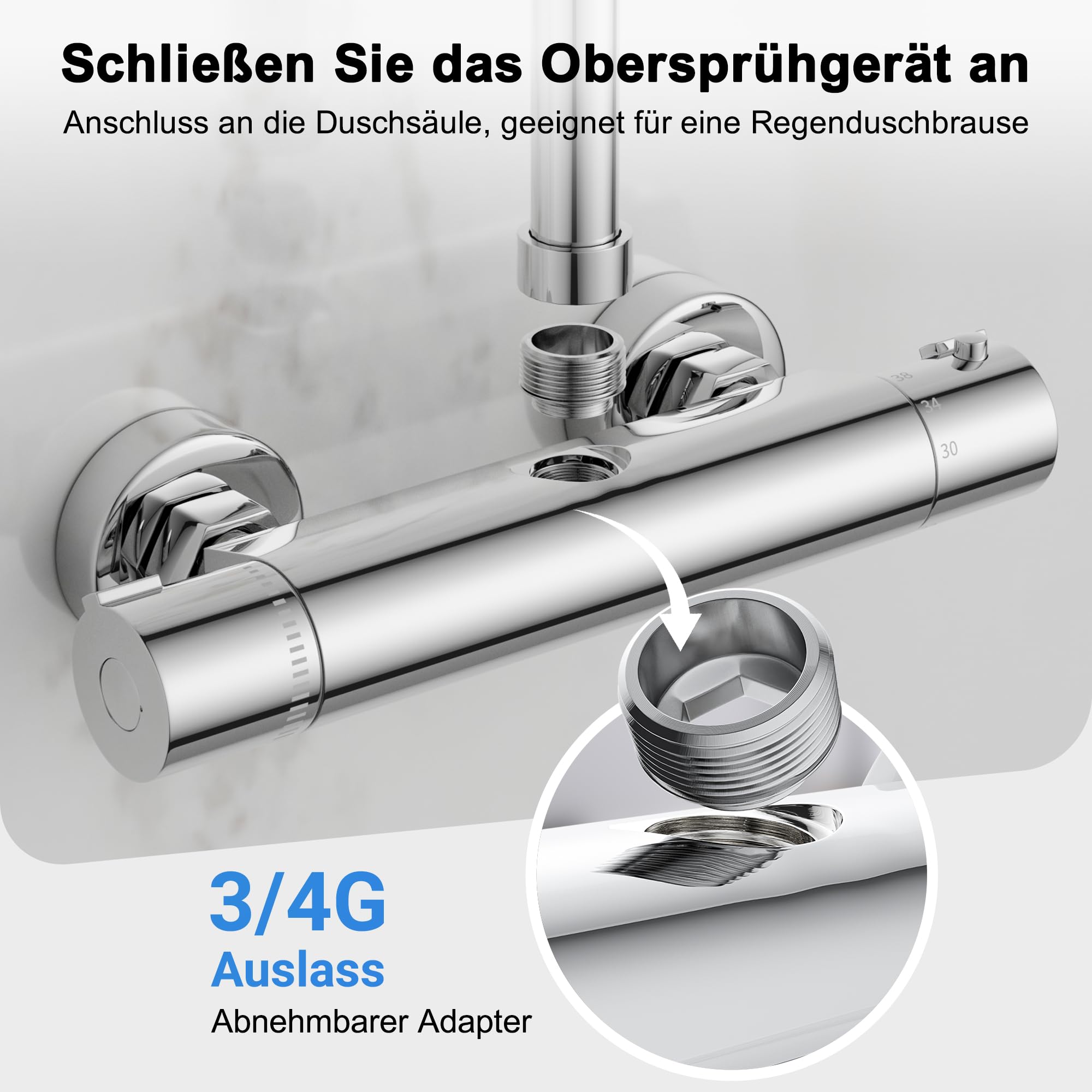 MORADO Duscharmatur mit thermostat oberem Auslauf, Dusharmatur mit Verbrühschutzventil,Duscharmatur mit umgekehrtem Auslauf und Adapter für 3/4"BSP und 1/2"BSP,massives Messing,verchromt