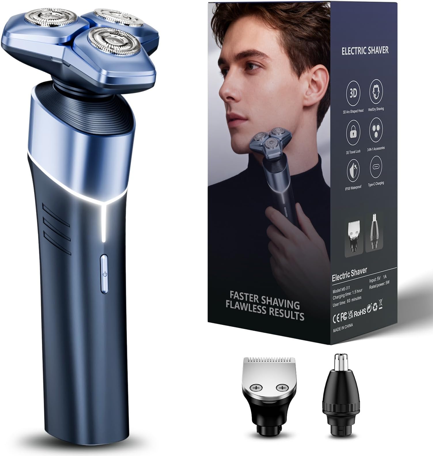 Electric Razor for Men: 3-in-1 Shaver with Hair Clipper and Nose Trimmer, for Face, Beard, Body and Travel, Dusty Blue