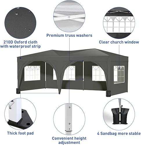 Vista 14 de Tienda de campaña desplegable de 10 x 20 pies con paredes laterales, tienda de campaña resistente al aire libre con 4 bolsas de arena y bolsa