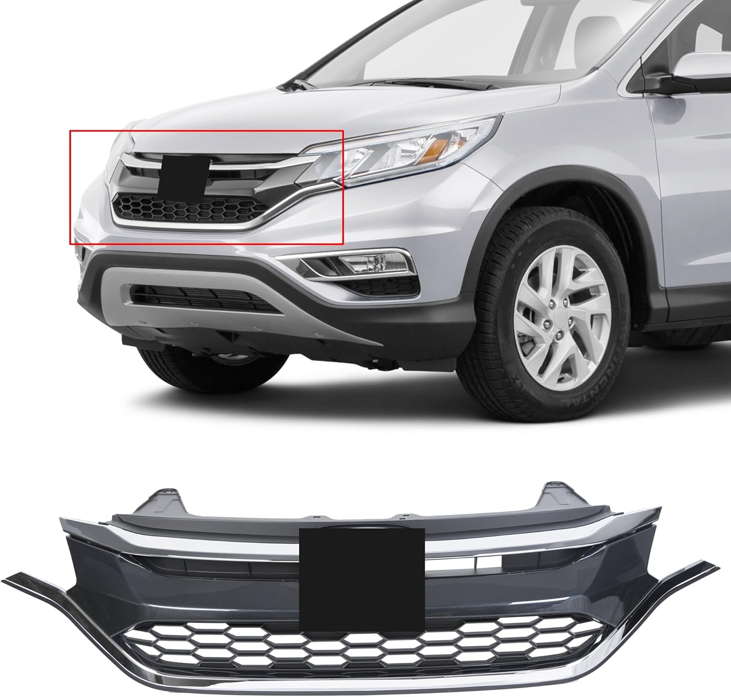 ECOTRIC Front Bumper Upper Trim & Lower Grille Grill Compatible with 2015 2016 Honda CRV CR-V Chrome