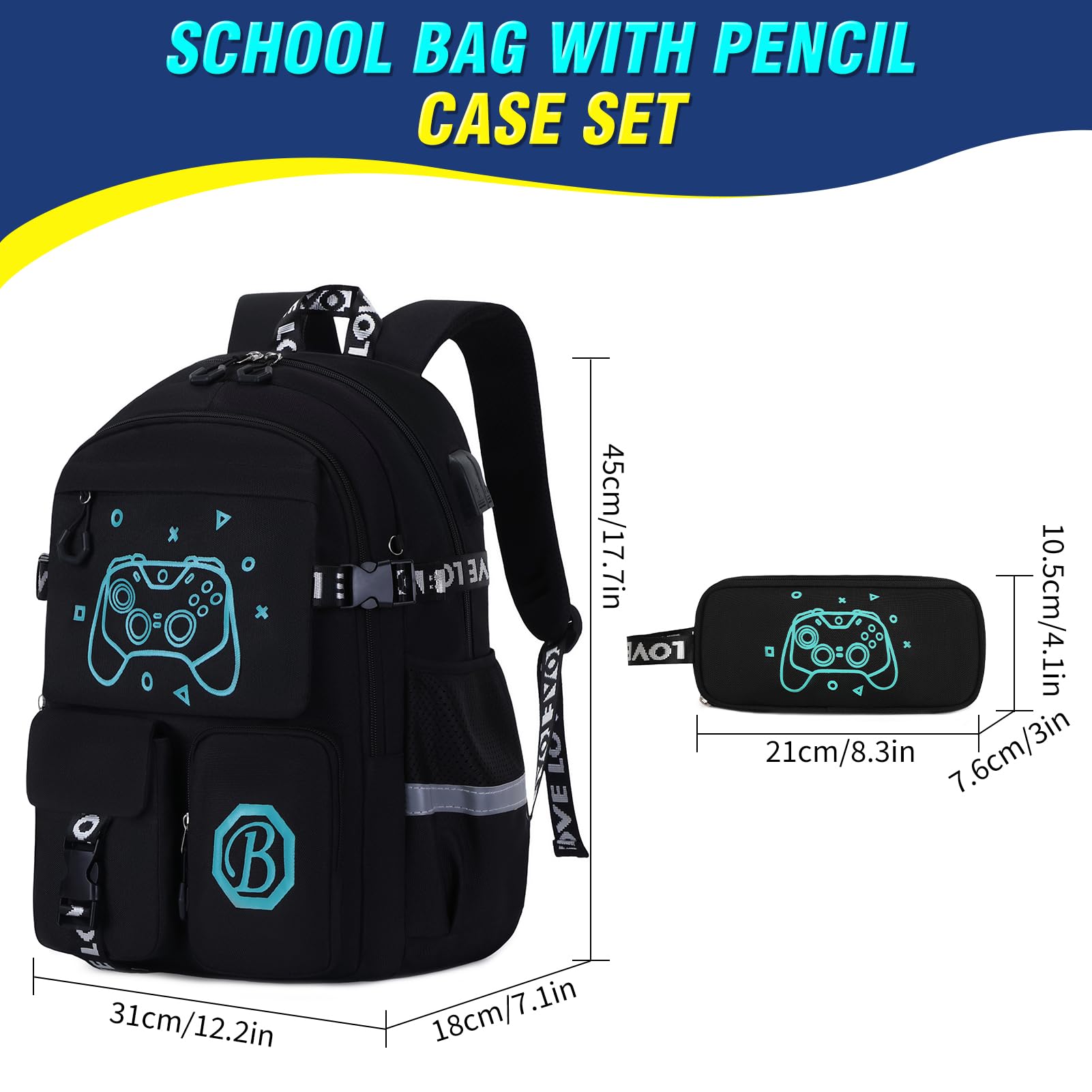Lot de 2 Sacs à Dos d'École Adolescents avec Trousse