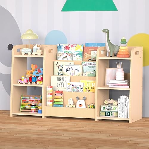 Montessori Estantería y organizador de almacenamiento de juguetes para niños, estantería de madera de 3 niveles con 2 estantes de almacenamiento,