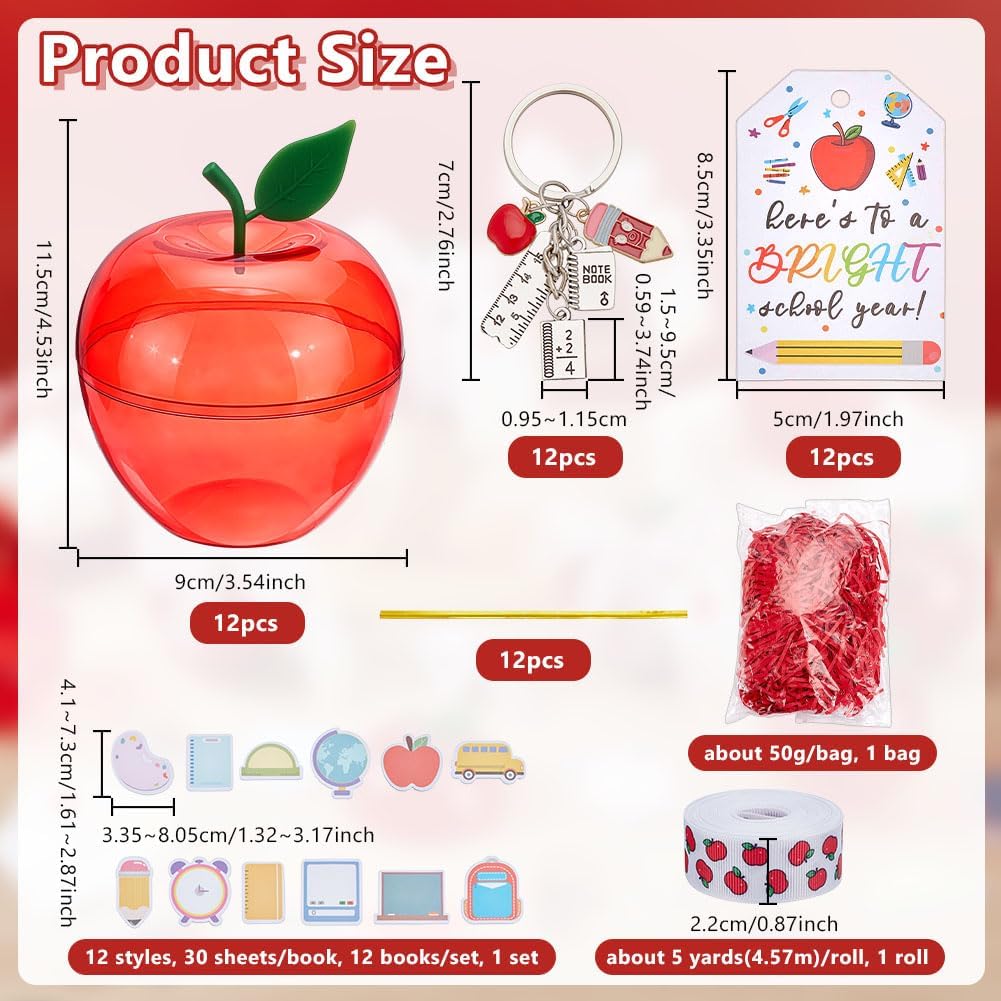 OLYCRAFT 12 Pack Plastic Apple Containers Teacher Present Set Red Apple Shaped Teacher Appreciation Present with Thank You Cards Keychains Ribbon Welcome Party Favor for School Party Decorations