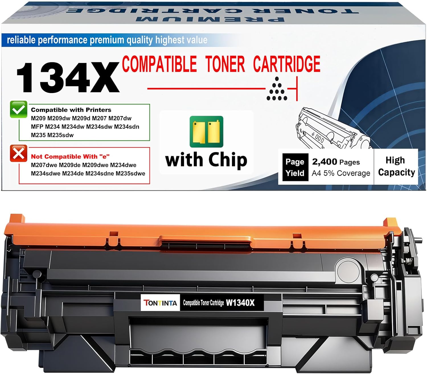 134X W1340X ( 134A W1340A ) Compatible Toner Cartridge [with CHIP] High Capacity 2400 Pages Black for M209 M209d M209dw M207dw M234d M234dw M234sdw M234sdn M235sdw Printer (1 Pack)