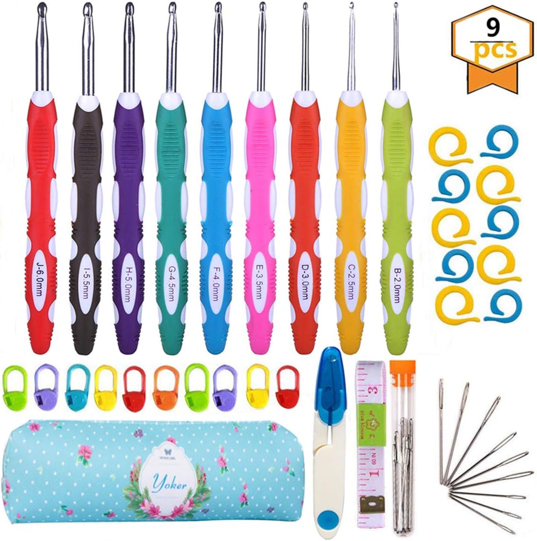 YOKER 9 Sizes Ergonomic Crochet Hooks Set with Case 2mm(B)-6mm(J) Set of 40 Pcs Soft Grip Crochet Hooks with Long Handle for Arthritic HandsCrochet Needles Standard US
