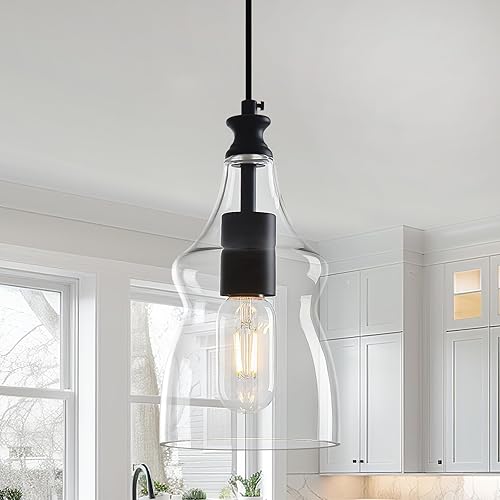 Miniatura 1 de Luces colgantes modernas de cristal para isla de cocina, lámpara colgante negra con pantalla de vidrio transparente de 5.11 pulgadas, iluminación
