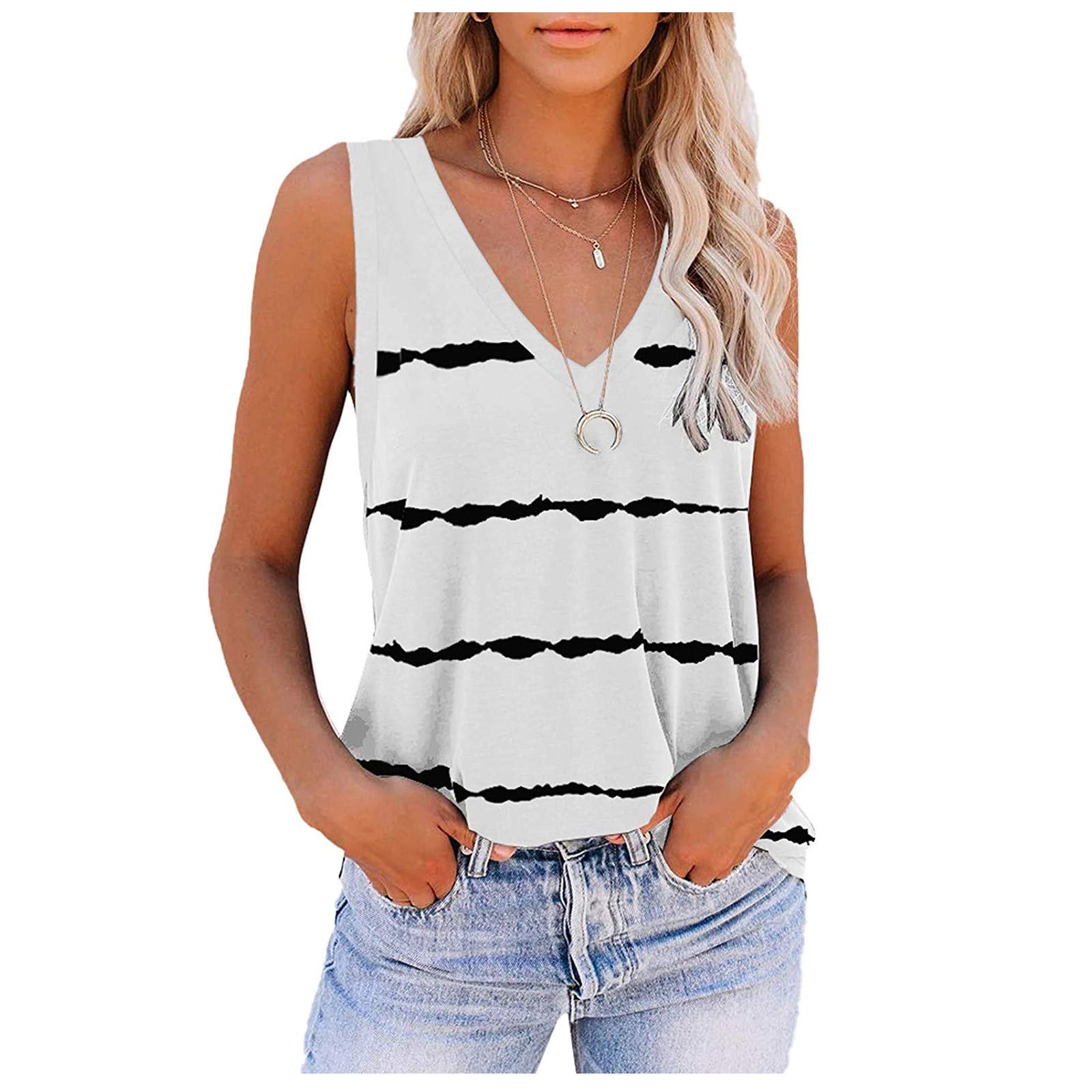 Pocciol Summer Tank Tops for Women Cute Sleeveless V Neck Workout Tops Printed Running Casual Athletic Tunic T Shirts(L#White,L)