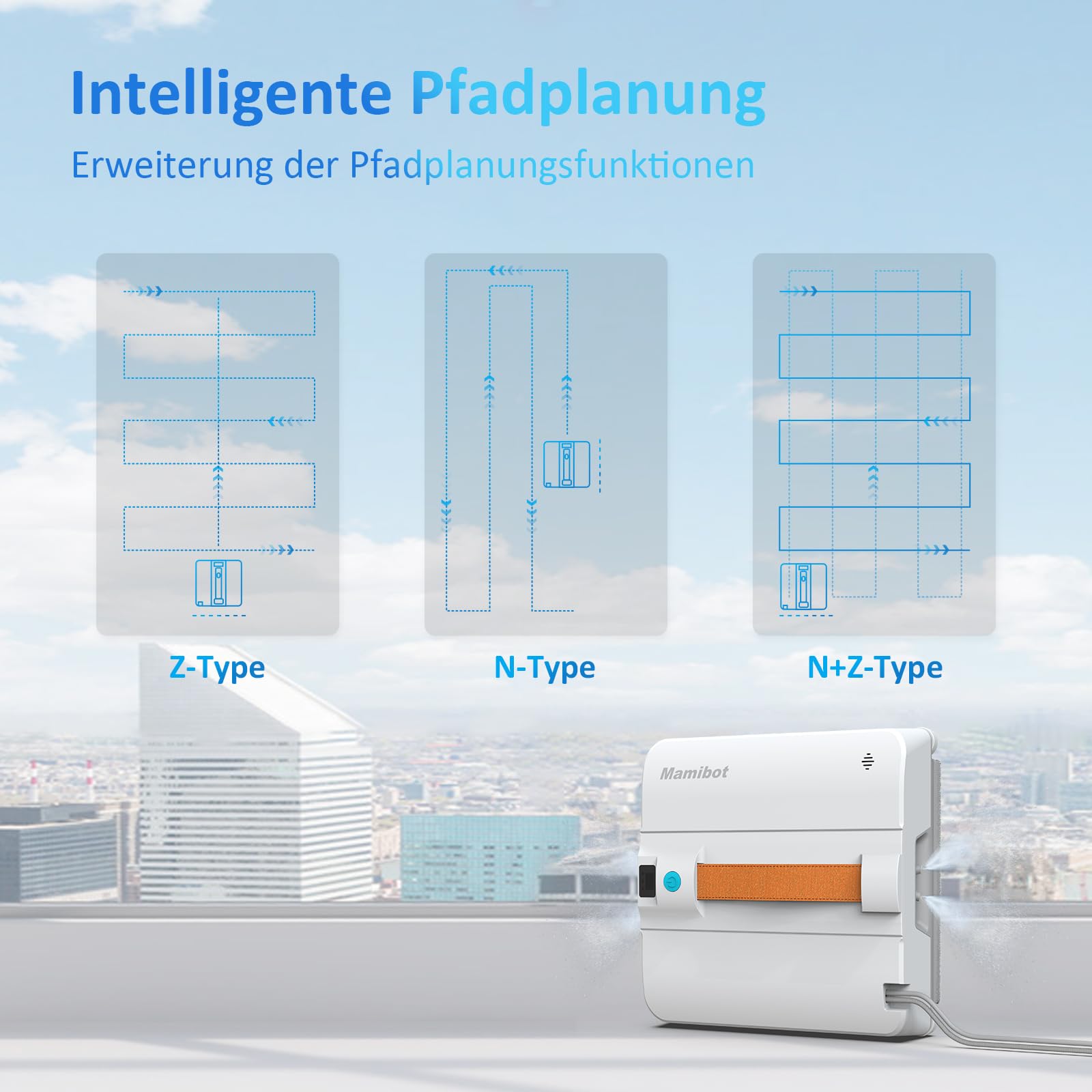 Mamibot W120-DP - Robot per la pulizia delle finestre con funzione spray, intelligente pianificazione dei percorsi, doppio getto d'acqua, controllo remoto e app per la pulizia dei vetri (Blu)
