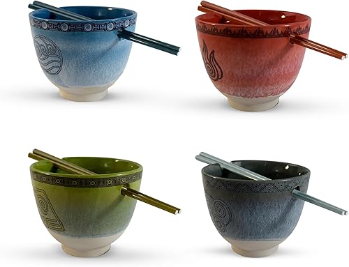 Surreal Entertainment Avatar The Last Airbender Four Nations - Juego de tazones de sopa y palillos Ramen-Tic, juego de 4 cuencos de fideos Ramen con