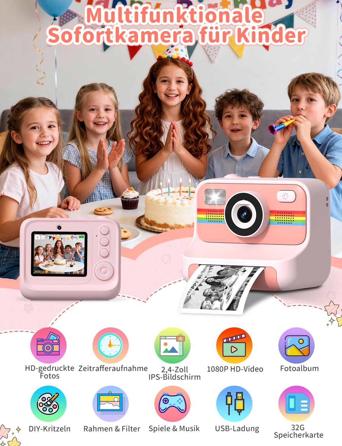 Sofortbildkamera Kinder, 1080P HD 2,4 Zoll Bildschirm Kinderkamera Sofortbildkamera mit 32GB Karte & 3 Rollen Druckpapier, LIORQUE Digital Kamera Kinder Sofortdruck mit 6 Farbigen Stiften (Rosa)