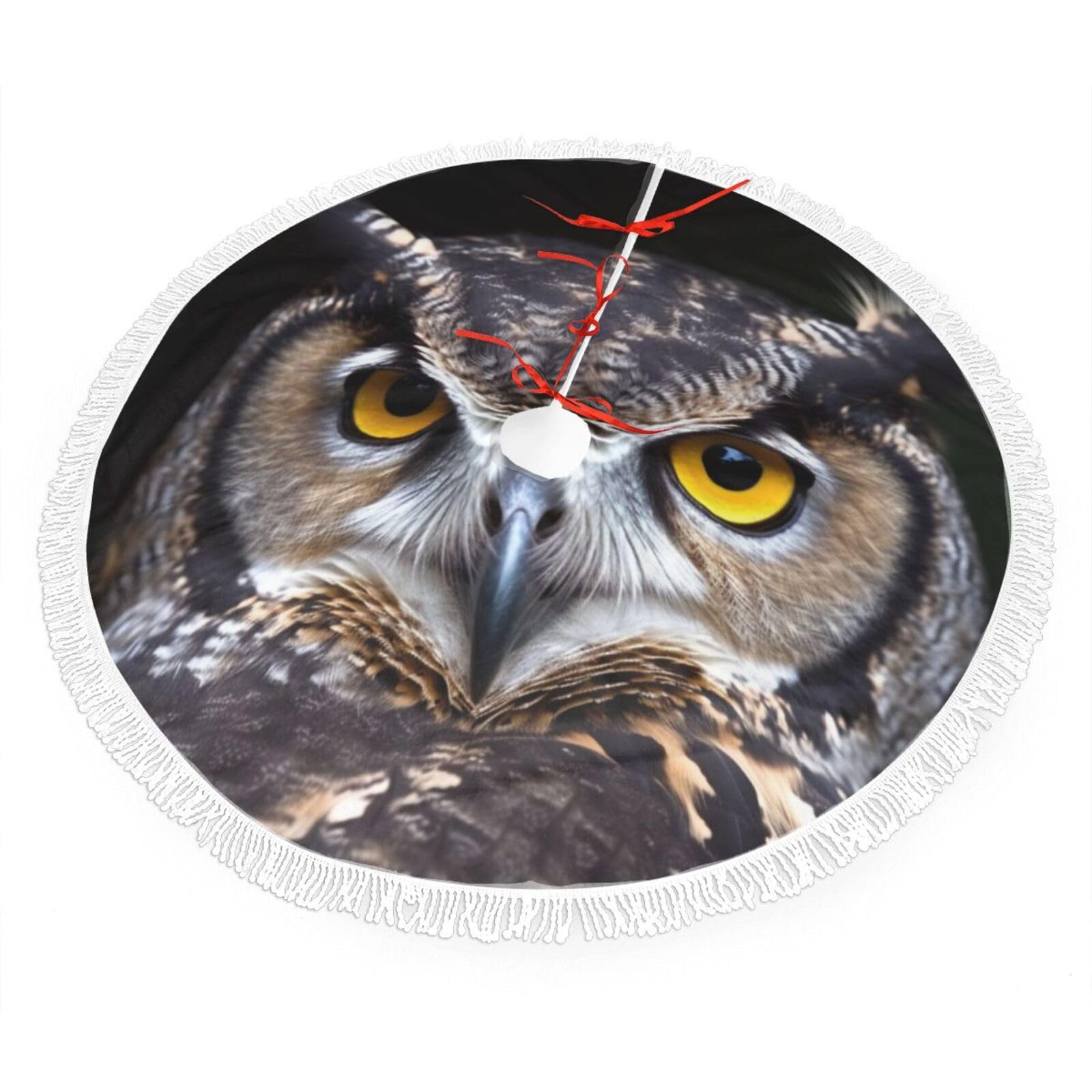 Yellow Eyed owl Christmas Tree Skirt 36", Soft Plush Xmas Tree Carpet with Tassel Christmas Ornaments Winter Holiday Tree Mat Decoration for Home Party Supplies