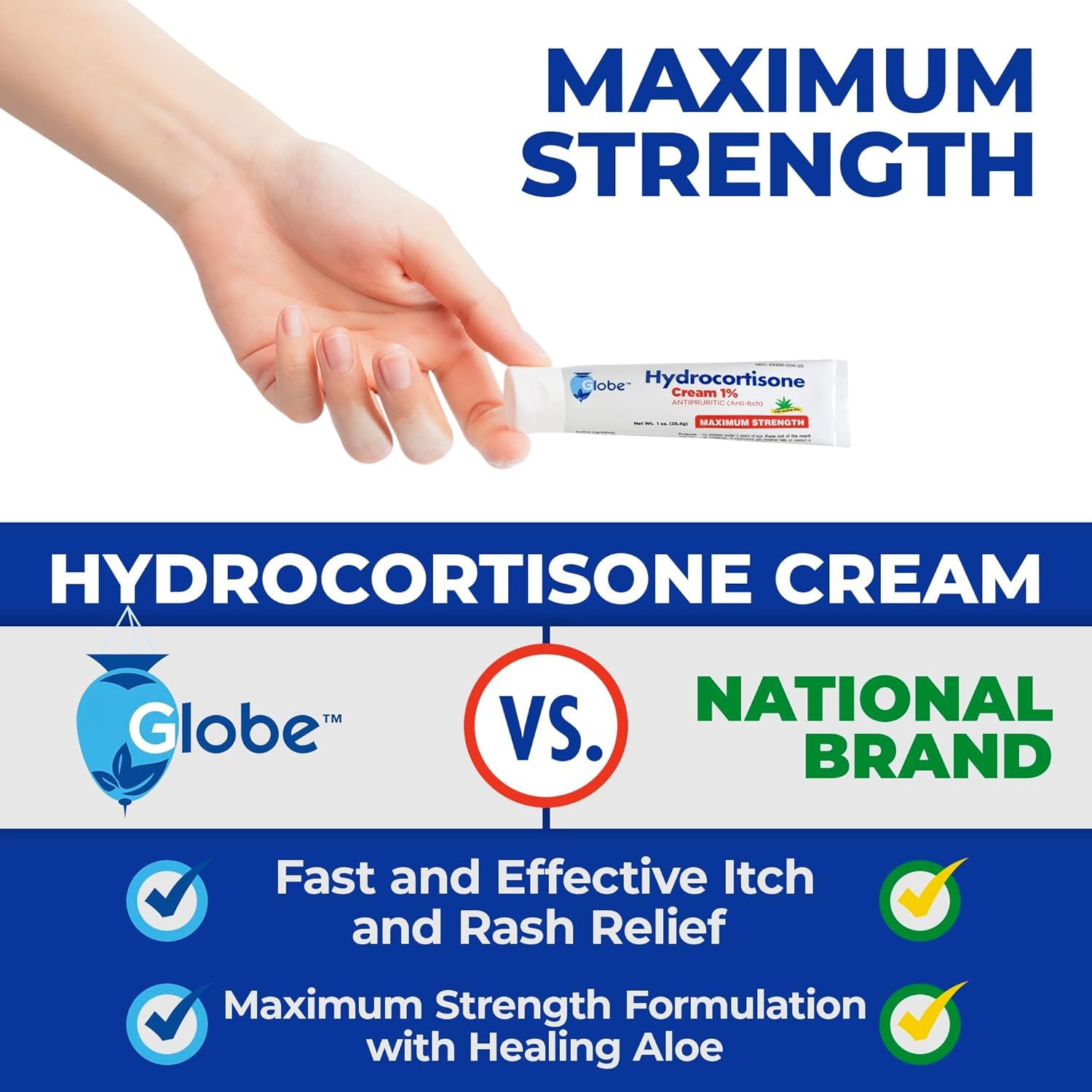Globe Hydrocortisone Maximum Strength Cream 1% w/ Aloe, Anti-Itch Cream for Redness, Swelling, Itching, Rash & Dermatitis, Bug/Mosquito Bites, Eczema, Hemorrhoids & More — Amazon image 3