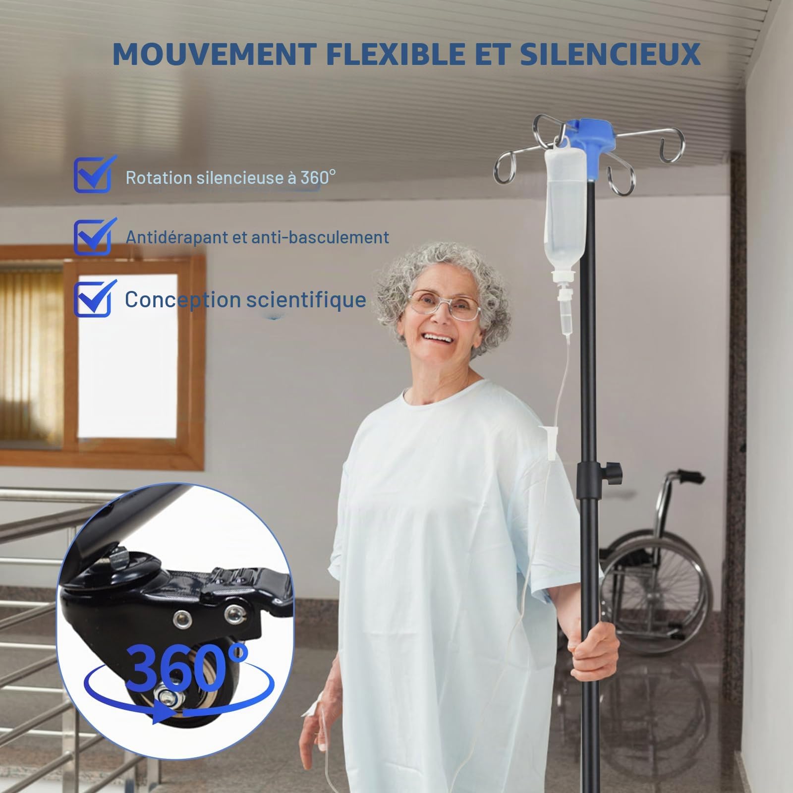 Support de Perfusion,Support de Perche Intraveineuse Pliable,avec 4 Crochets,3 Roulettes,Sac en Filet,Perfusion Réglable Hauteur,pour Hôpital et Maison, Acier Inoxydable