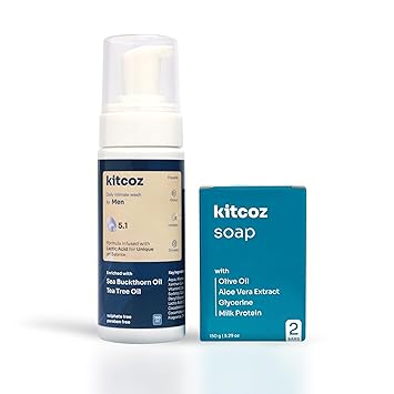 Kitcoz Intimate Hygiene & Fungal Defence Combo for Men | pH Balanced Intimate Care, Itch Relief & Odour Control | Anti Fungal Soap (Pack of 2) & Intimate Wash (150ml)