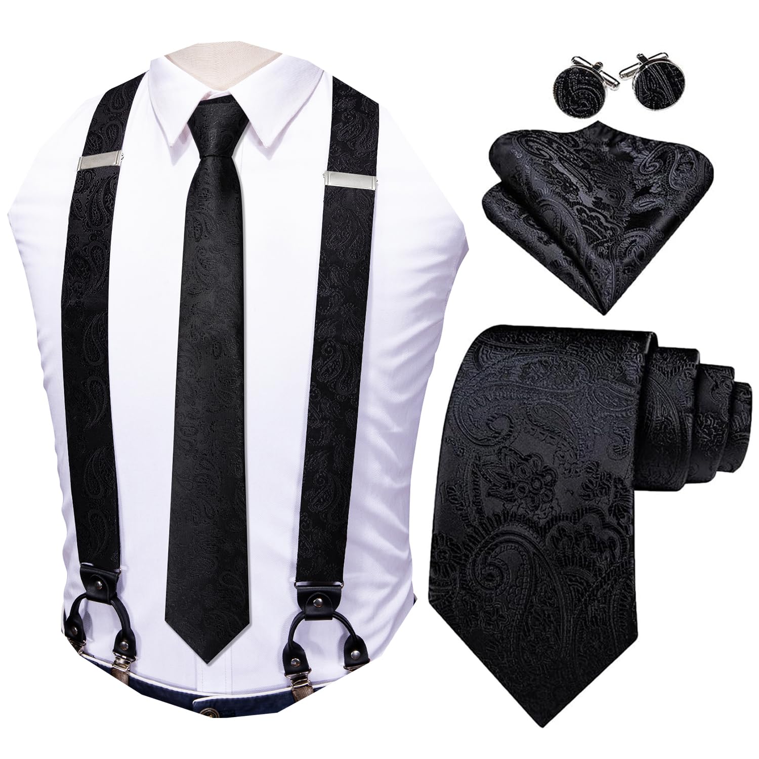 Barry.Wang Men Suspender Tie Sets Elastic Heavy 6 Clips Hanky Cufflink 5PCS | Classic Suspender Set for Man Necktie Y Type Adjustable Heavy Duty 6 Clips Braces Pocket Square Cufflinks Party