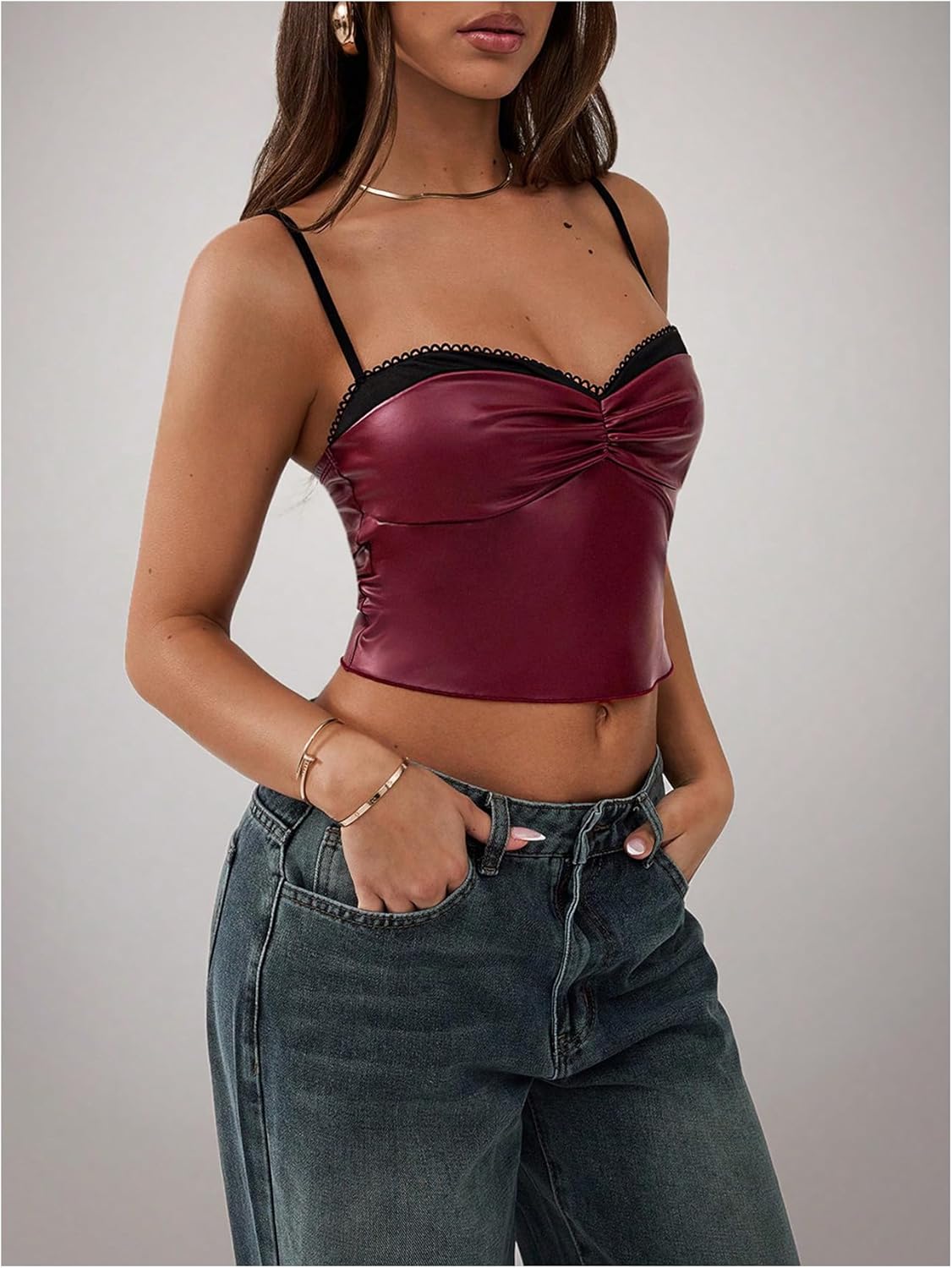 Milumia Women's Pu Leather Ruched Bust Cami Top Sexy Sweetheart Neck Crop Corset Tops - Image 2