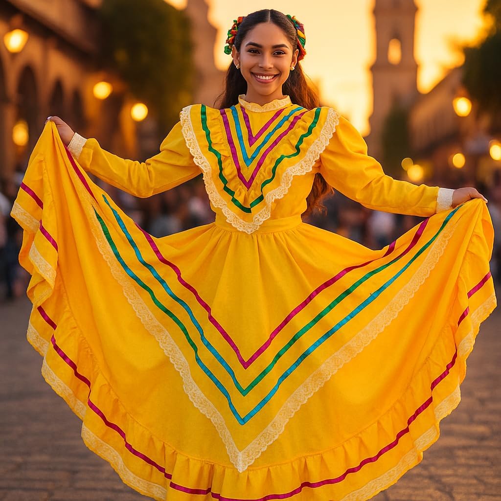Mexican Traditional Jalisco Dress Vestido Tipico Mexicano Women Size Women L Yellow - Image 4