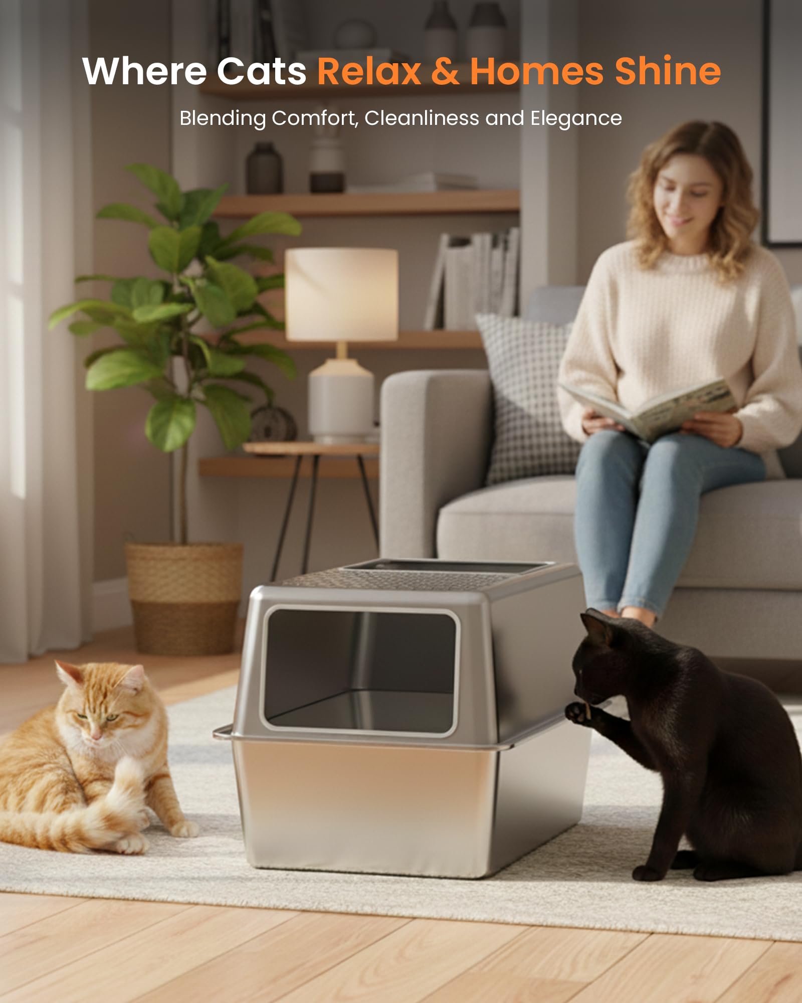 Lettiera Gatto Acciaio Inox, Lettiera Gatto Chiusa Grande XXL, Lettiere Tutto in Metallo per Gatti con Coperchio, Toilette per Gatti, Antiodore, Facile da Pulire, Antiaderente e Spaziosa