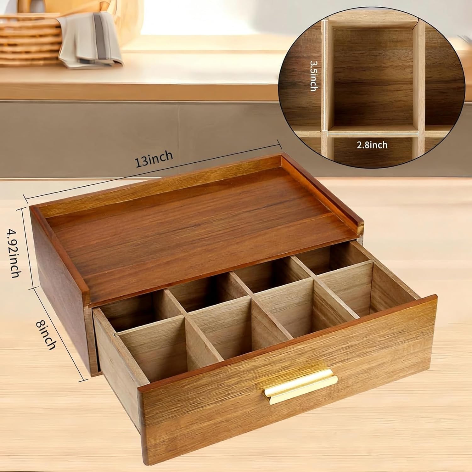 Acacia Wooden Tea Box Organizer with Drawer,Tea Chest for Tea Bags Storage,Tea and Coffee Organizer, Wood Tea Tray and Containers for Countertop Display,Acacia Wood
