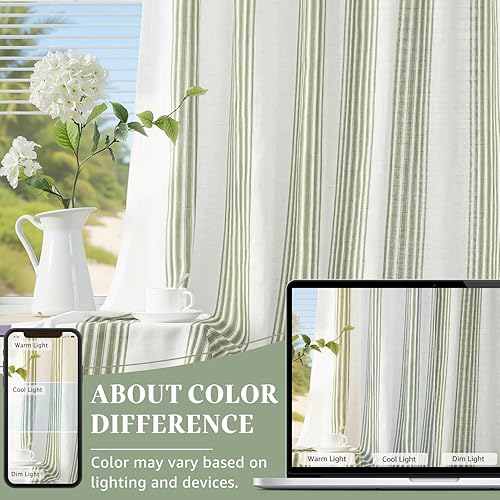 Miniatura 9 de jinchan Cortinas de lino a rayas de 84 pulgadas de largo para sala de estar, cortinas de rayas verde salvia, cortinas semitransparentes con pestaña