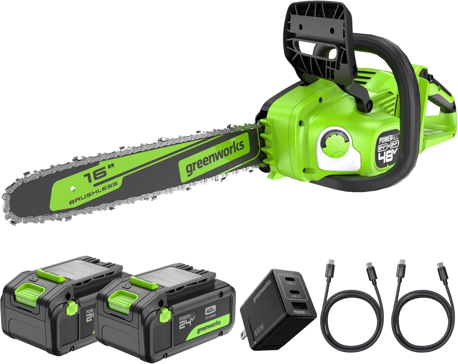 Greenworks 48V (24V x 2) 16" Brushless Chainsaw, Great For Tree Felling, Limbing, Pruning, and Firewood / 200+ Compatible Tools,(2) 4.0Ah Batteries and 100W Type-C Charger (3-FT Cord)